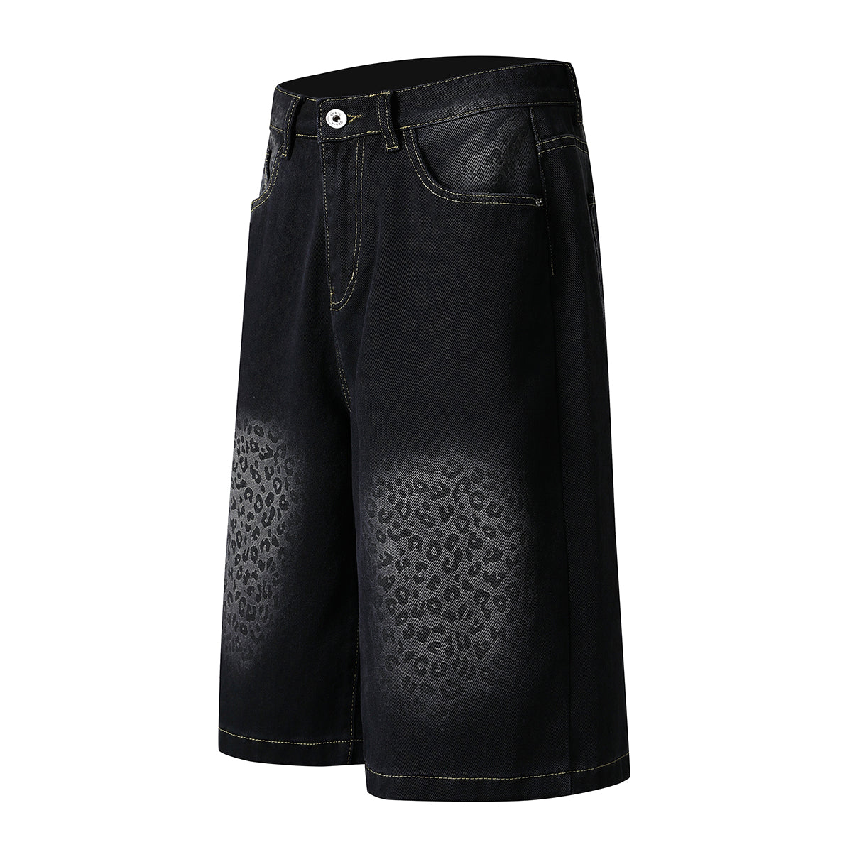 Black Leopard Print Denim Bermuda Shorts