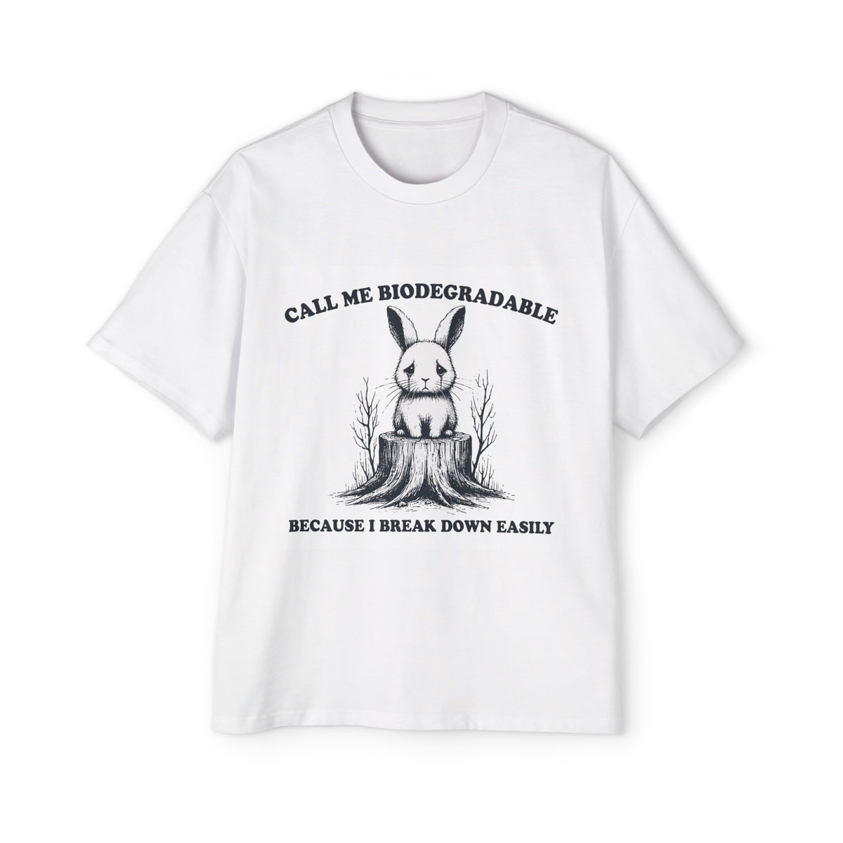 Sad Rabbit Sitting On Stump Graphic Tee-INNBLAC Fashion Apparel