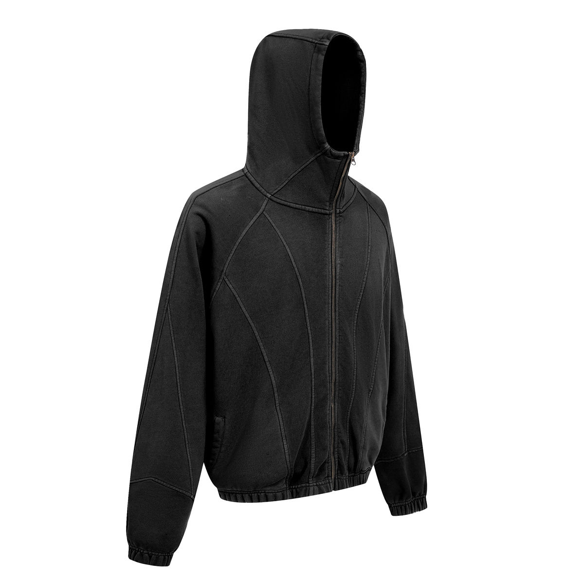 Vintage Washed Oversized Curved Stitch Zip Hoodie