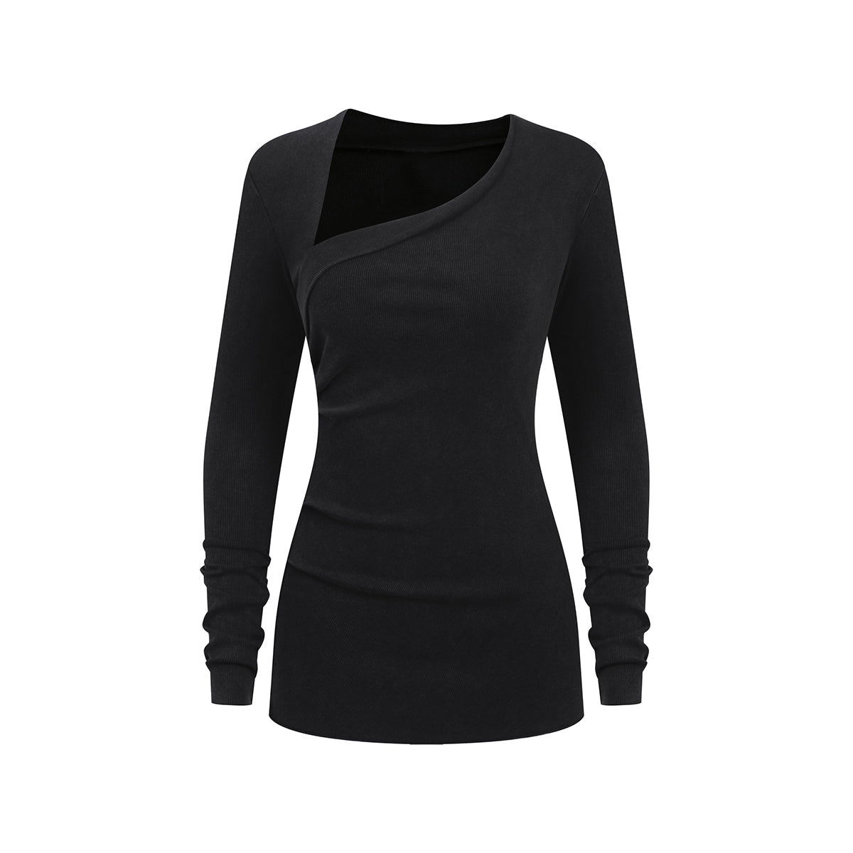 Asymmetric Neck Long Sleeve Ribbed Top
