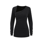 Asymmetric Neck Long Sleeve Ribbed Top