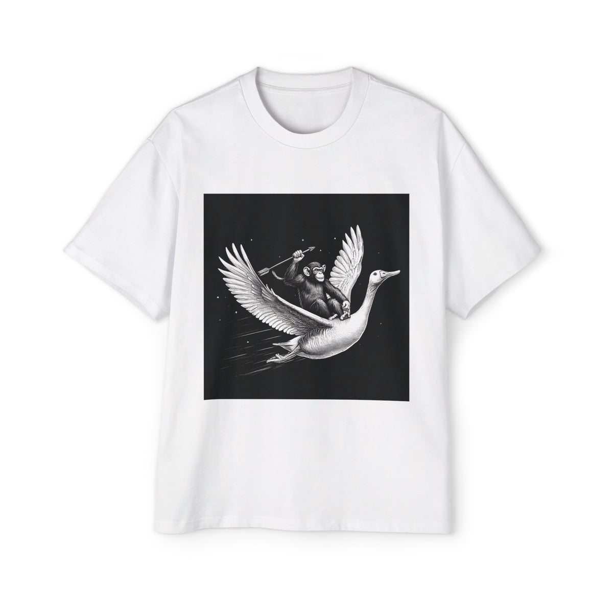 Monkey Riding Flying Goose Drawing Graphic Tee-INNBLAC Fashion Apparel