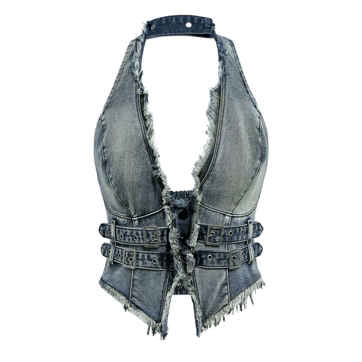 Women's Y2K Backless Fringe CorsetDenim Halter Top