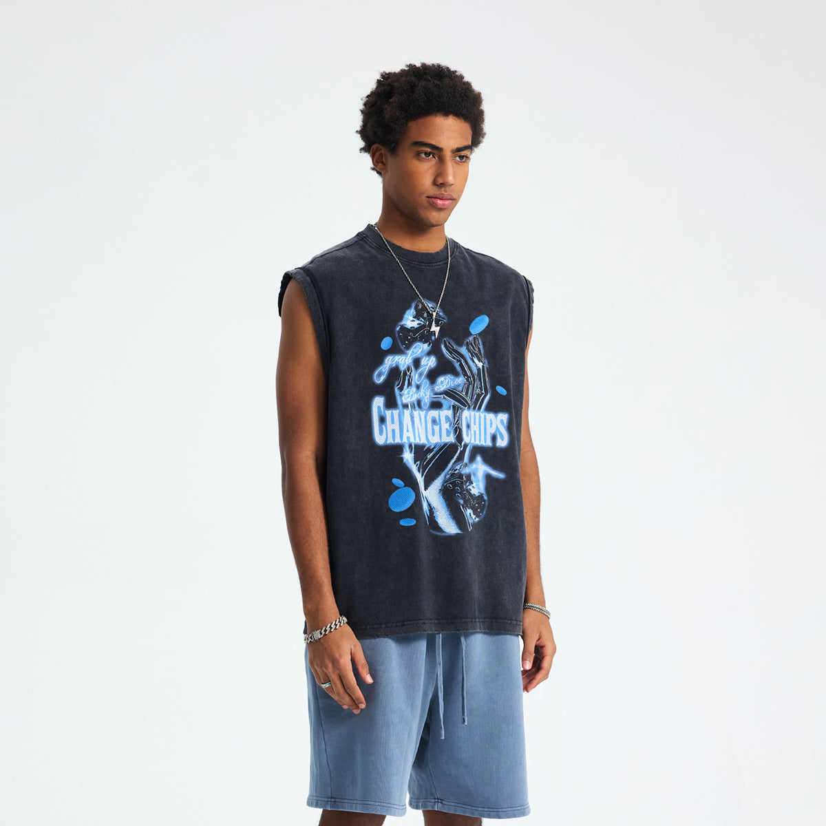 Distressed Graphic Back-Seam Muscle Tank