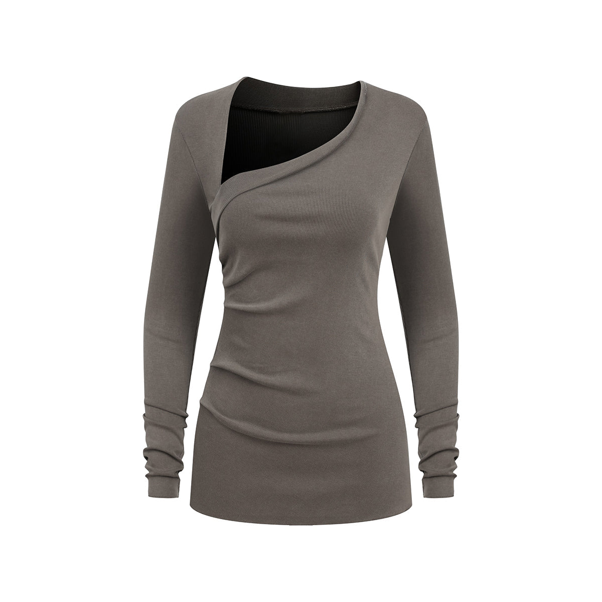 Asymmetric Neck Long Sleeve Ribbed Top