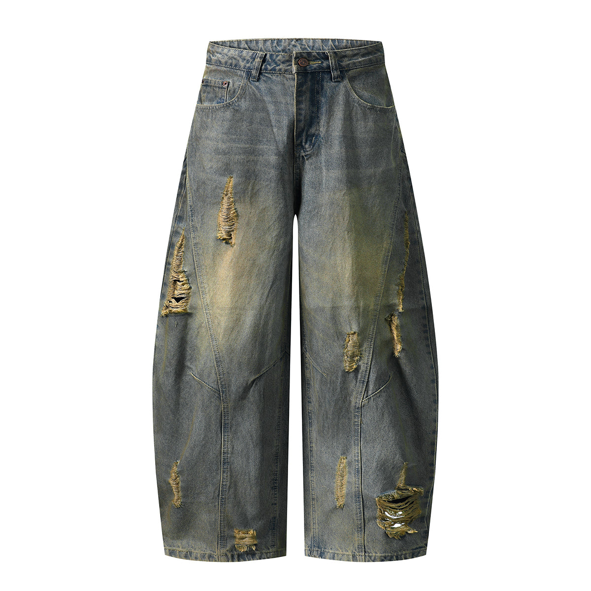 Panel Stitching Barrel-Leg Ripped Jeans