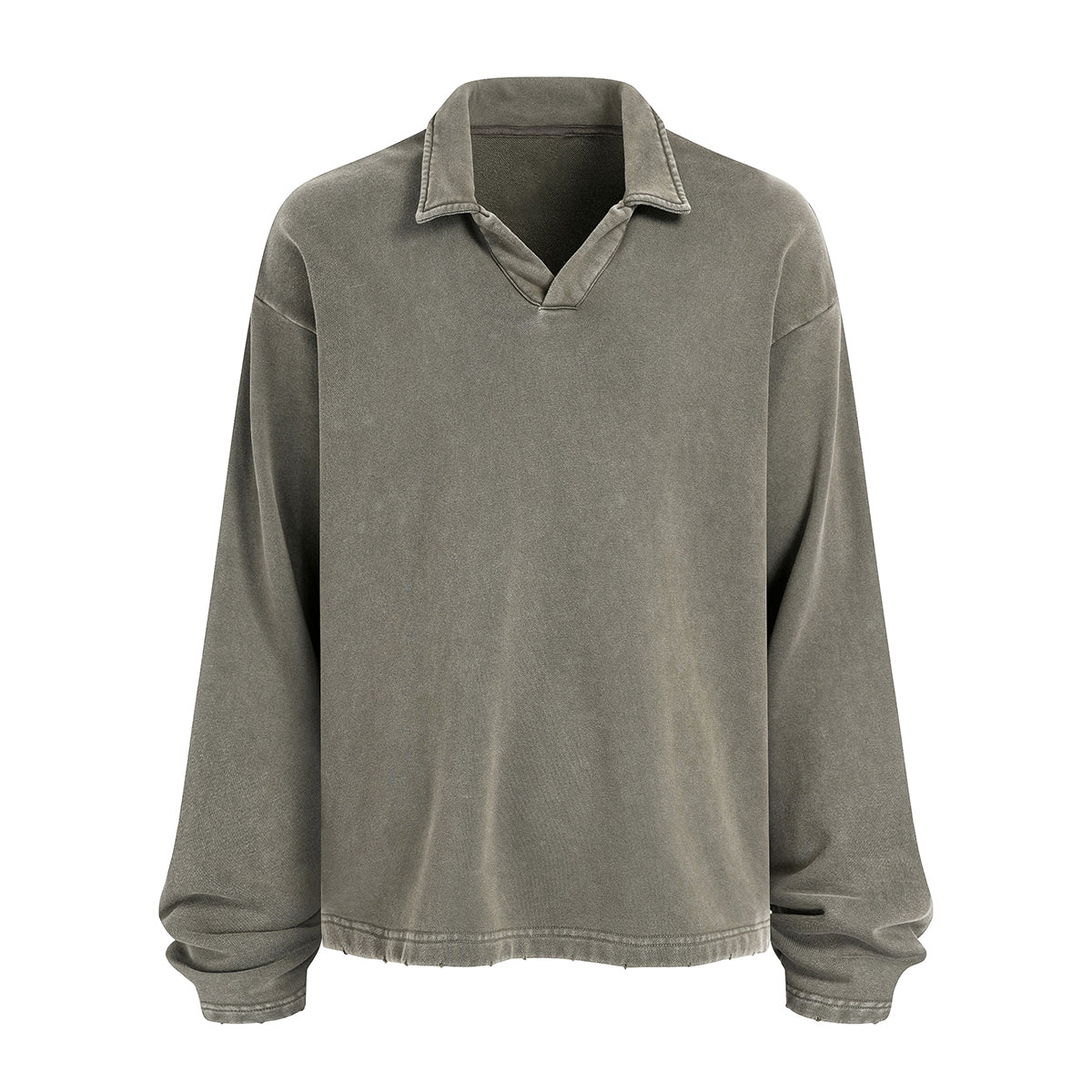 Distressed Edge Buttonless Long-Sleeve Polo