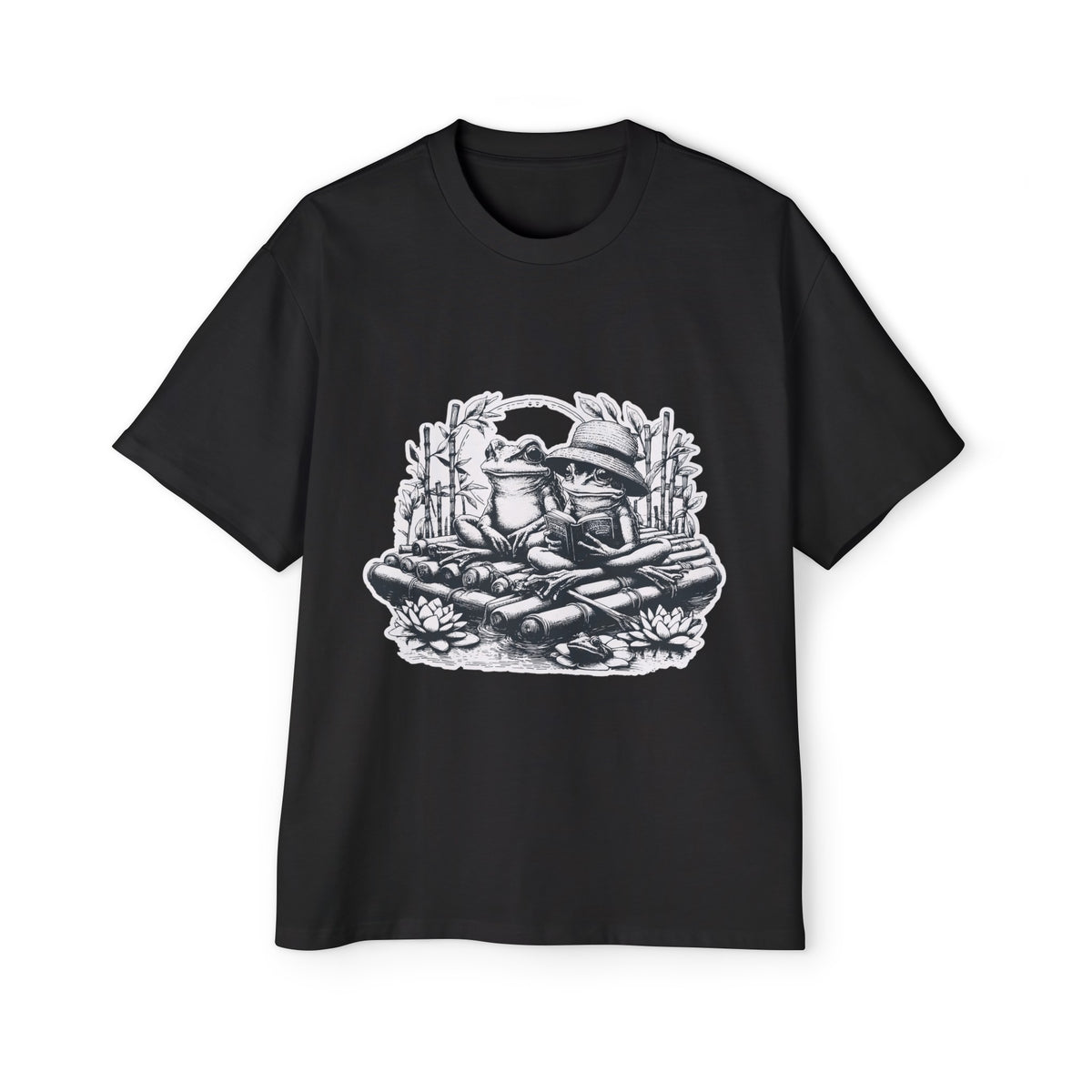 Frogs Reading On Bamboo Raft Graphic Tee-INNBLAC Fashion Apparel