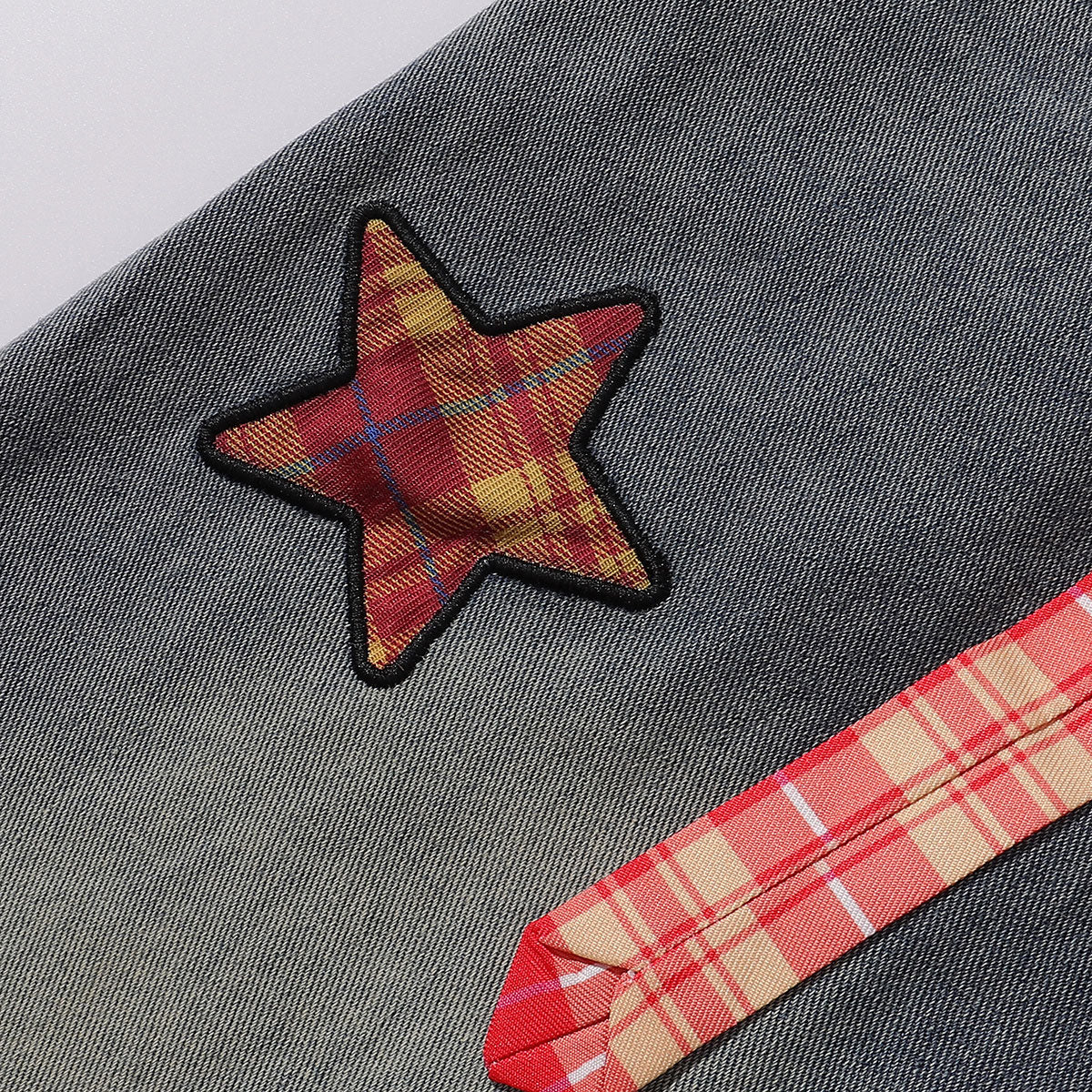 Plaid Trim Star Patched Wide Leg Denim Jeans