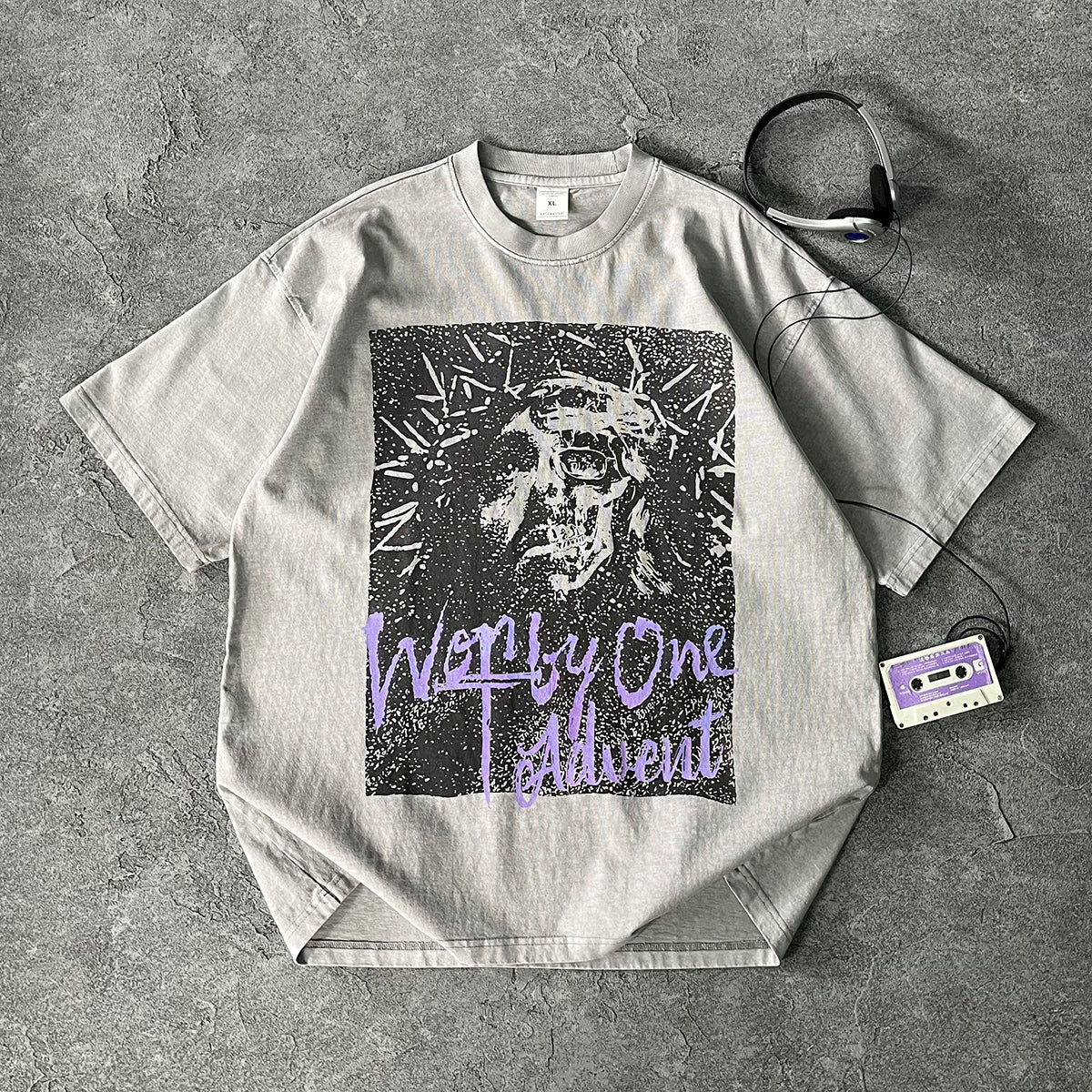 Vintage Washed Oversized Gray Print Tee