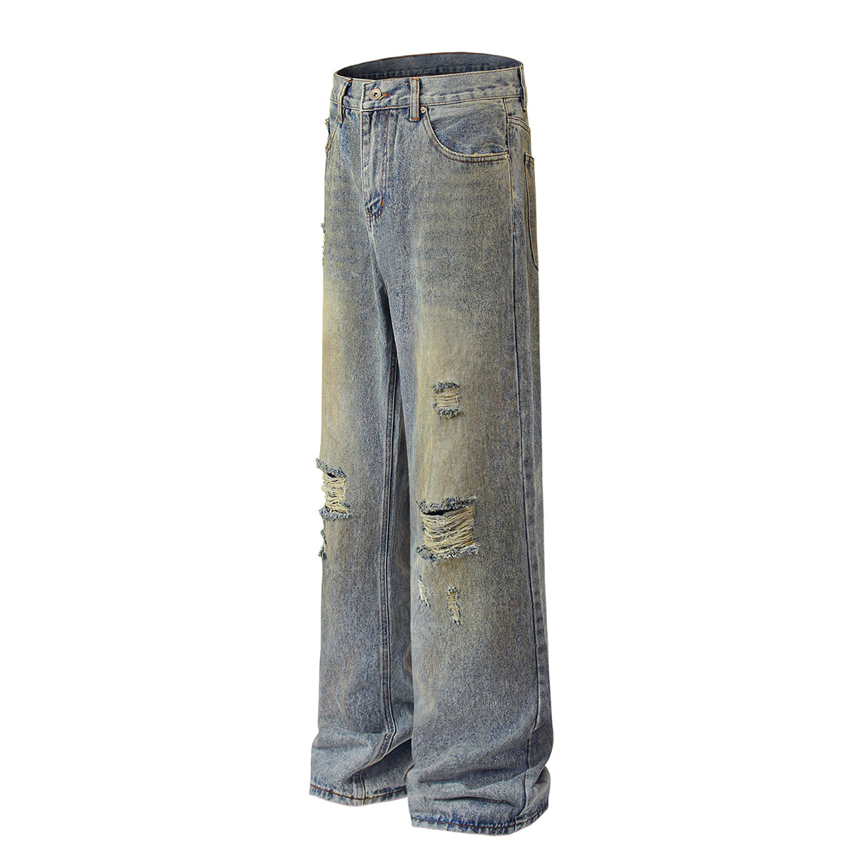 Blue Wash Distressed Ripped Wide-Leg Jeans