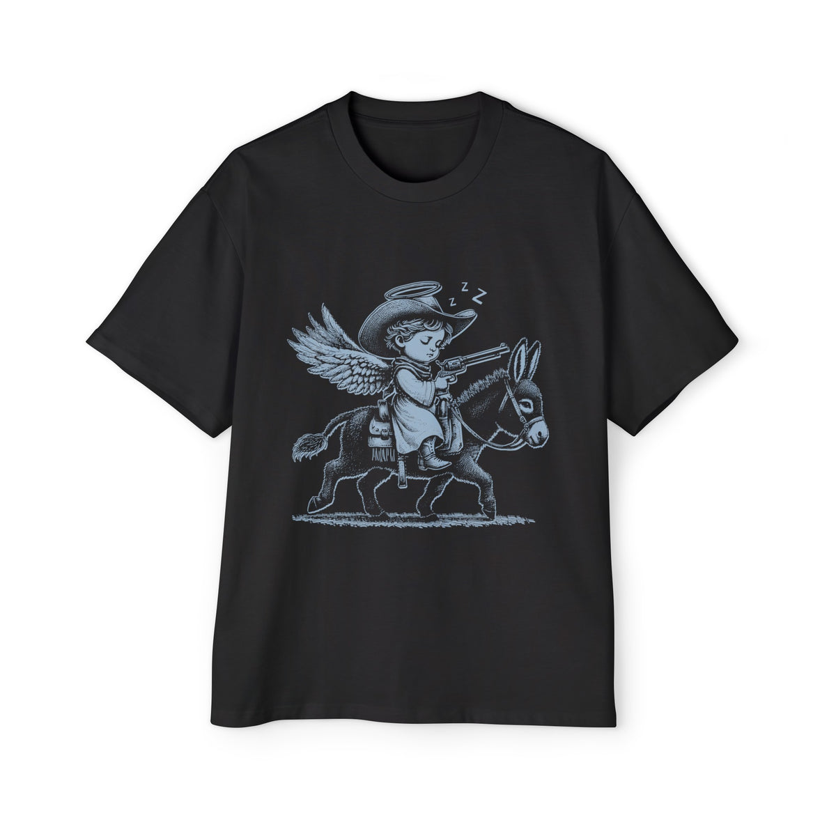 Little Cowboy Angel Sleepy on Donkey Graphic Tee-INNBLAC Fashion Apparel