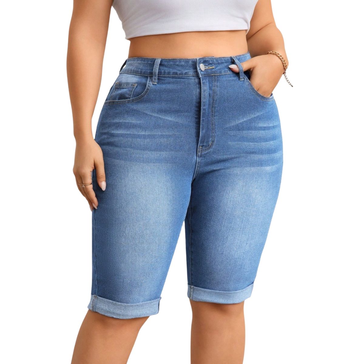 High Waist Stretch Denim Bermuda Shorts