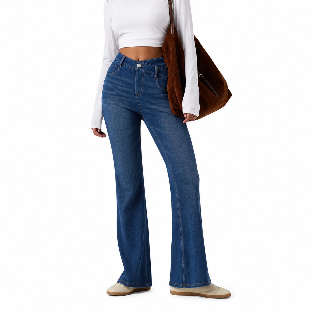 High Waist Stretch Slim Fit Straight Leg Slight Flare Jeans