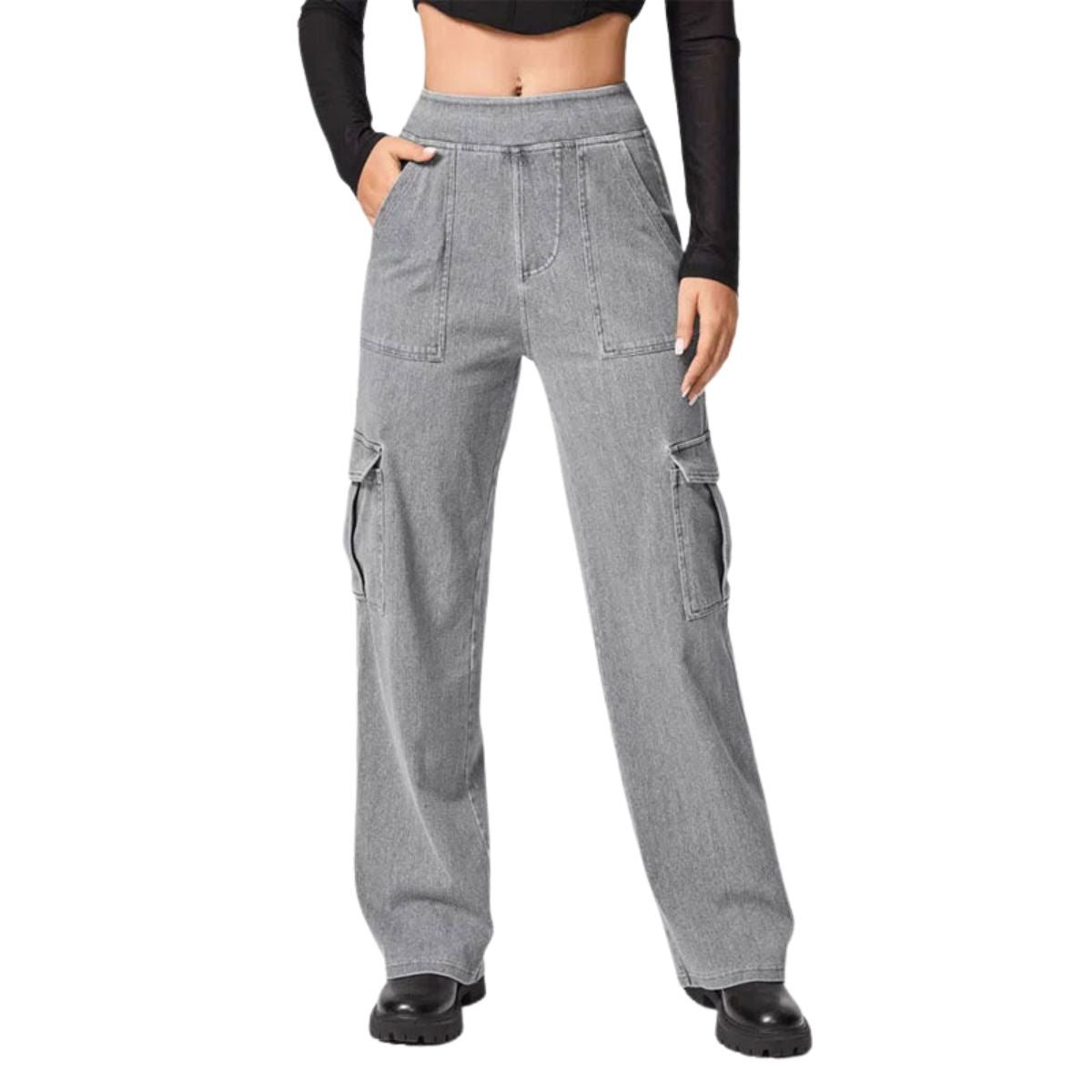 High Waist Stretch Cargo Wide Leg Jeans