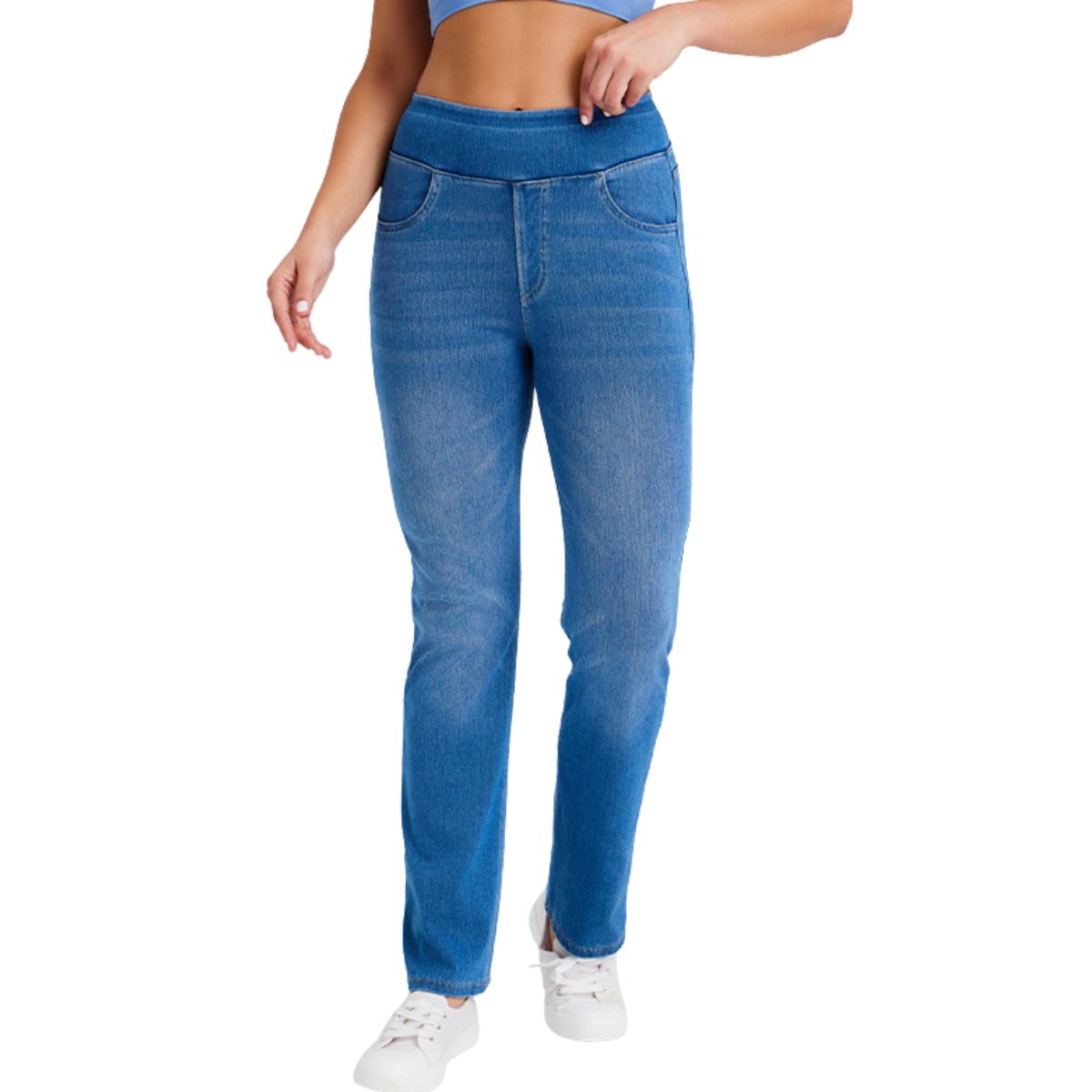 Mid-Rise Washed Whisker Knit Denim Pants