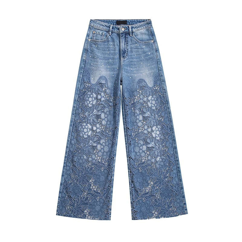 Risen Jeans Raw Hem Floral Lace-Cut Jeans with Rhinestones