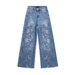 Risen Jeans Raw Hem Floral Lace-Cut Jeans with Rhinestones