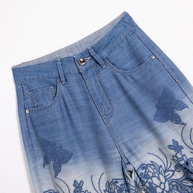 Risen Jeans Butterfly Floral Embroidered Cut-Outs Ombré Jeans