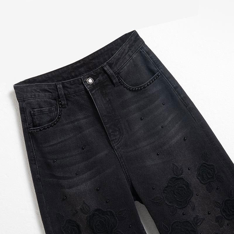 Risen Jeans Rose Embroidered Lace-Cut Jeans with Pearl Beading