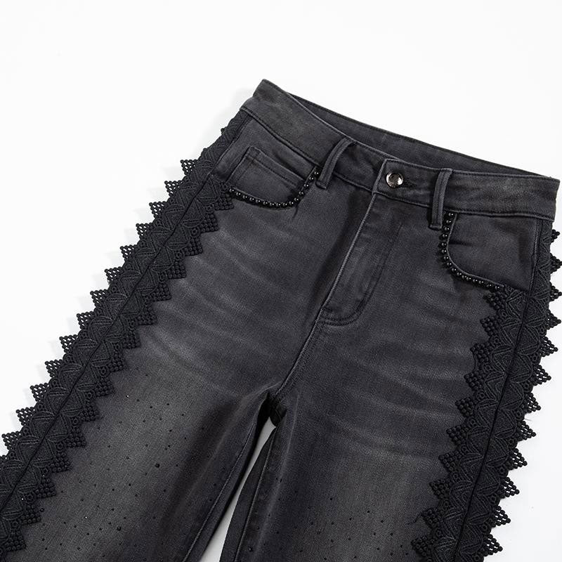 Risen Jeans Rhinestones & Pearls Embroidery Patchwork Ankle Jeans