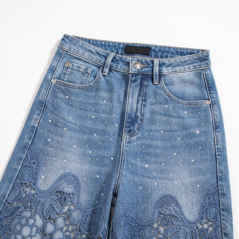Risen Jeans Raw Hem Floral Lace-Cut Jeans with Rhinestones