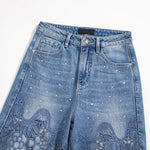 Risen Jeans Raw Hem Floral Lace-Cut Jeans with Rhinestones