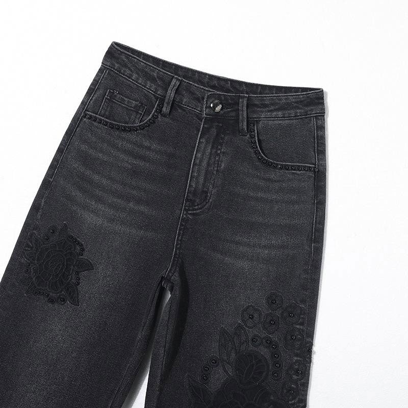 Risen Jeans Pearl-Embellished Embroidery Cut-Out Whisker Jeans
