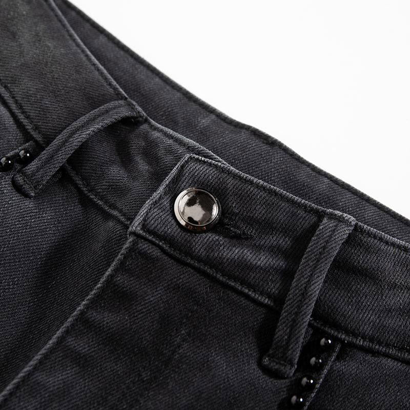 Risen Jeans Rhinestones & Pearls Embroidery Patchwork Ankle Jeans