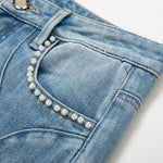 Risen Jeans Pearl-Beaded Frog Closure Jeans with Cut-Outs