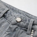 Pearl & Rhinestone Lace-Cut Denim Shorts
