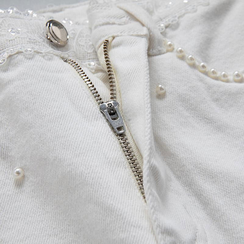 Pearl-embellished Embroidered Butterfly Denim Shorts