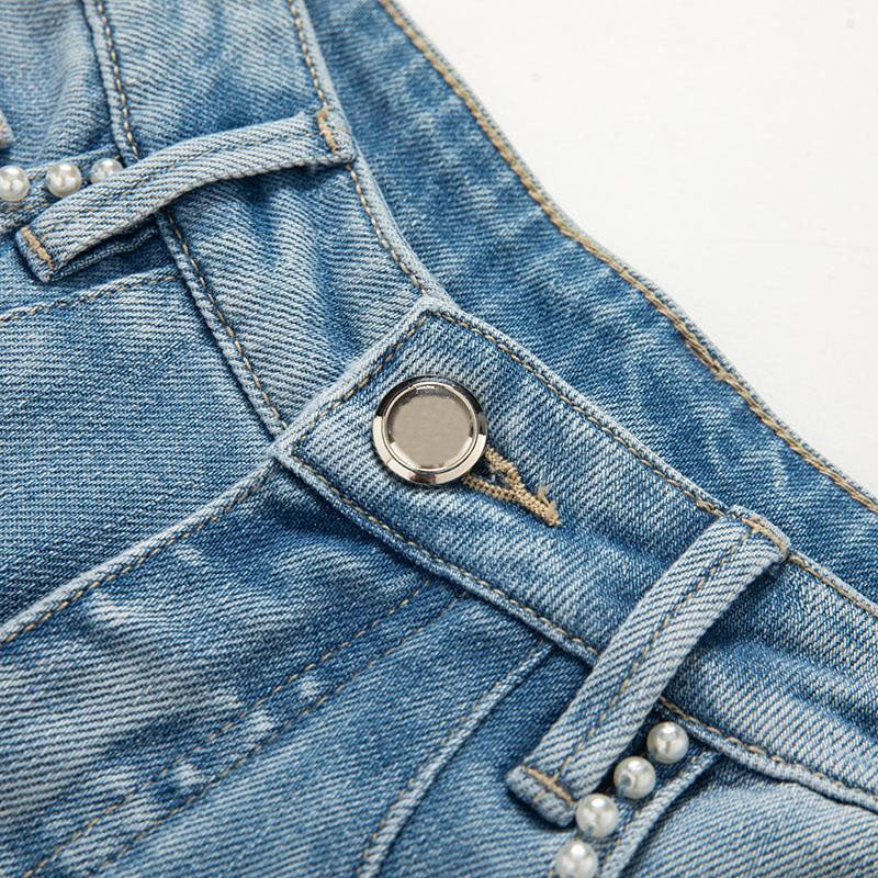Risen Jeans Pearl-Beaded Frog Closure Jeans with Cut-Outs