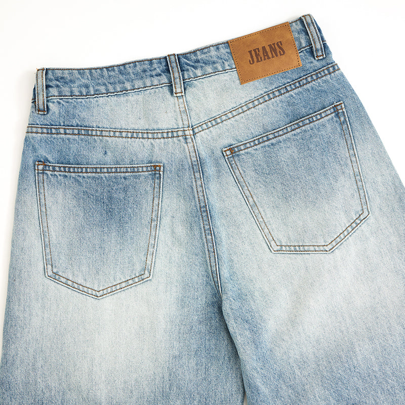 Light Blue Pleated Barrel-Leg Jeans