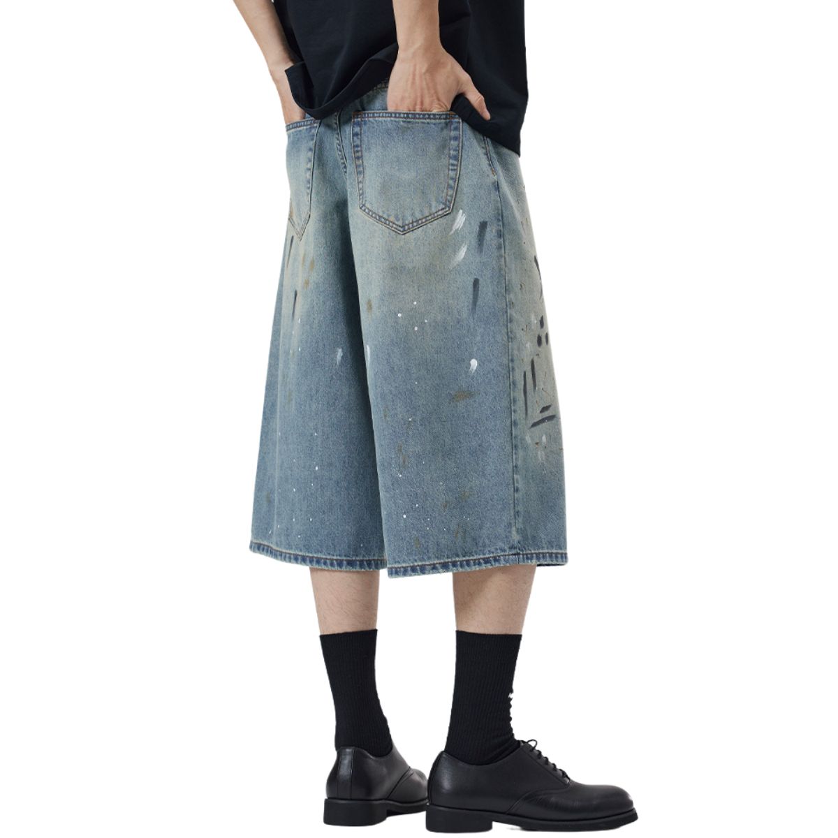 Paint-Splatter Bermuda Denim Shorts