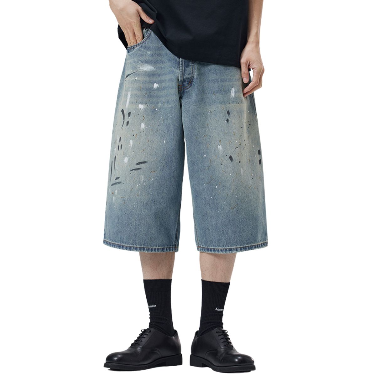Paint-Splatter Bermuda Denim Shorts