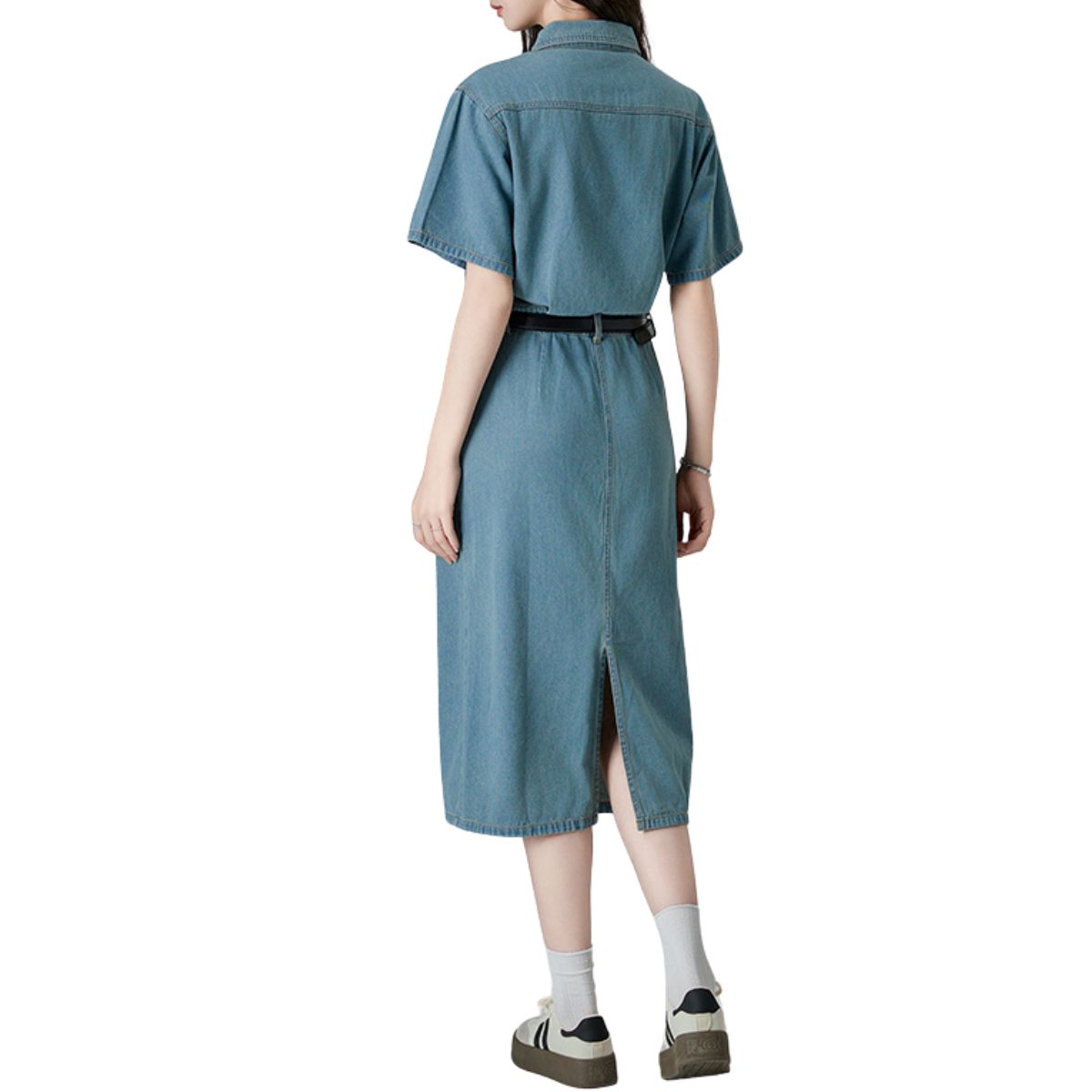 Short Sleeve Belted Midi Denim Shirtdress