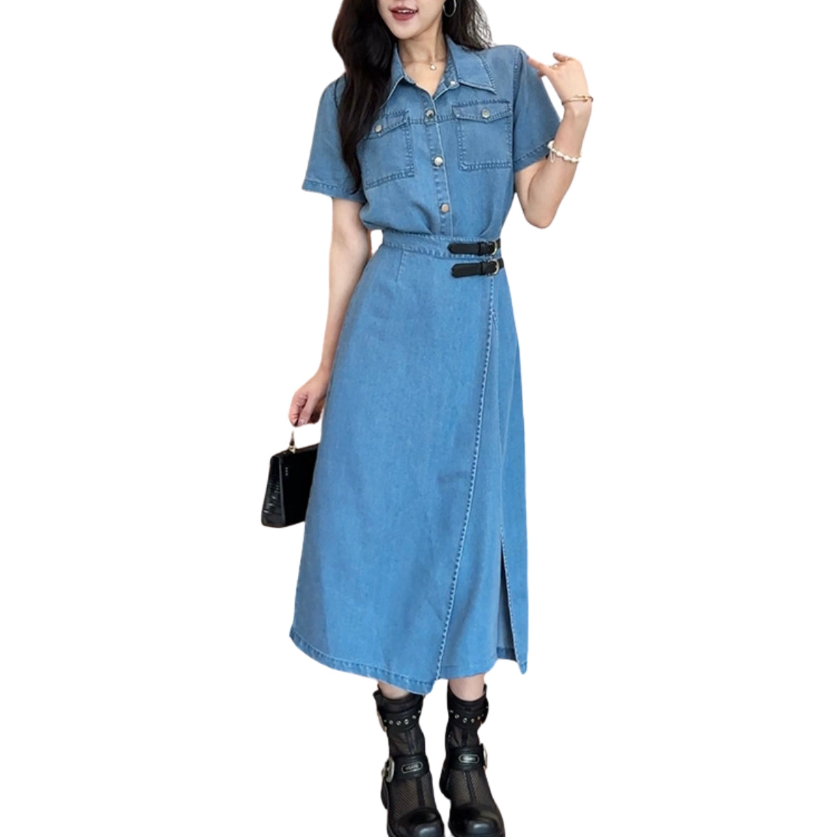 Short-Sleeve Denim Midi Shirtdress