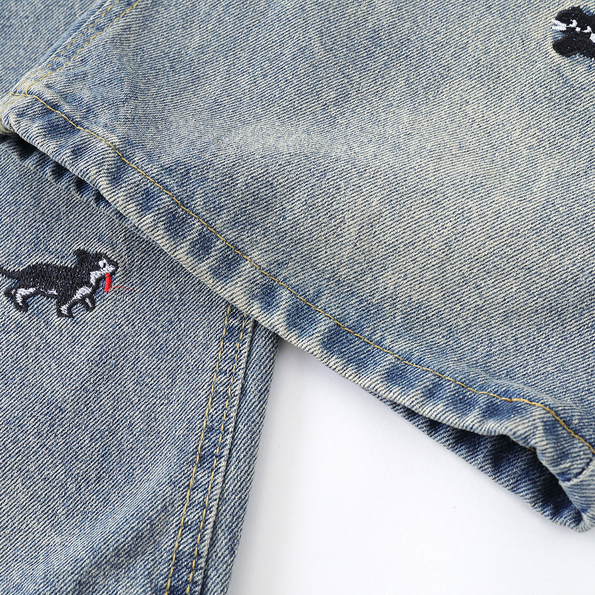 Washed Faded Dog-Embroidered Barrel-Leg Jeans