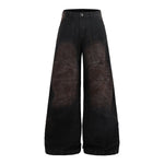 Artistic Brown Fade Geometric Stitching Black Denim Wide Leg Jeans