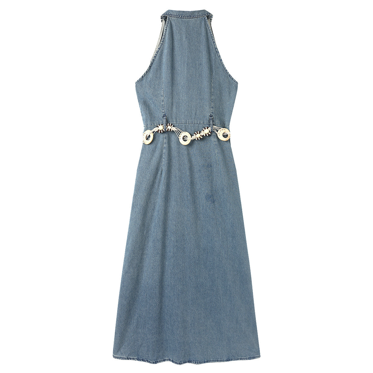 Button-Front Sleeveless Denim Belted Shirt Dress