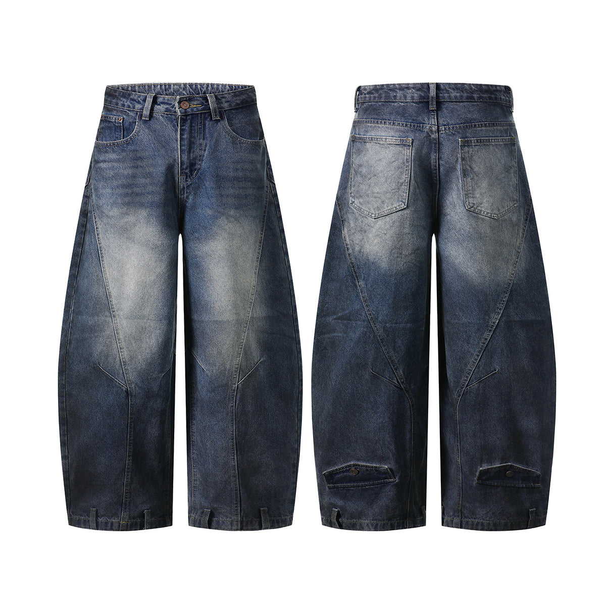 Faded Wash Panel Stitching Barrel-Leg Jeans