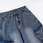 High Waisted Cargo Denim Pants Oversized Pockets Vintage Wash