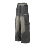 Casual Wide Leg Cargo Pants Striped Elastic Waistband