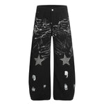 Painted Distress Black Wide Leg Star Patch Jeans