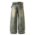 Distressed Wide Leg Denim Pants Asymmetrical Layered Waist