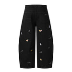 Washed Faded Dog-Embroidered Barrel-Leg Jeans