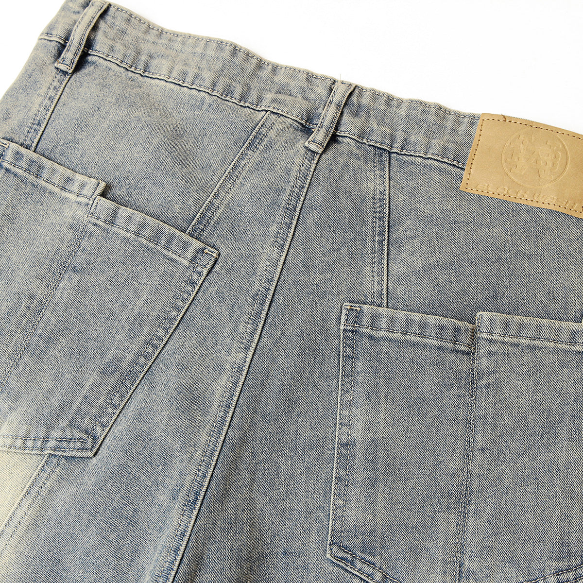 Muddy-Wash Faded Panel-Stitch Jeans