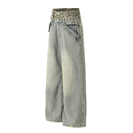 Wide Leg Denim Pants Leopard Print Waistband Stud Accents