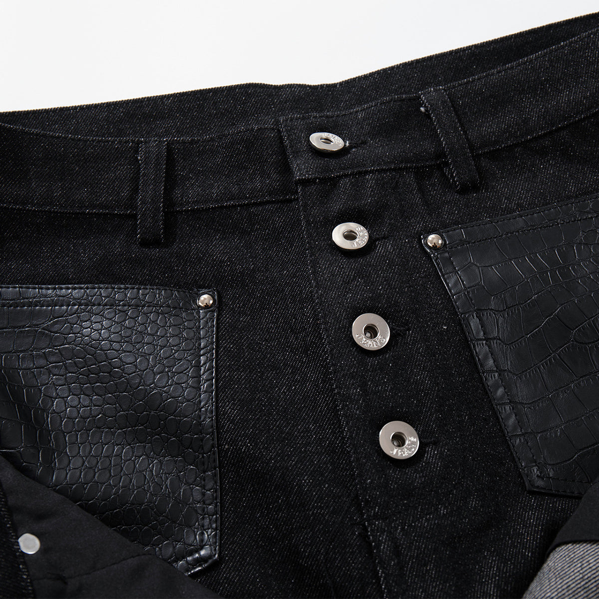 Faux Leather Accent High Waisted Wide Leg Denim Trousers